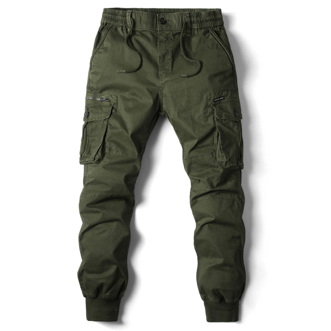 Pantalon cargo vert kaki pour homme avec poches multiples, taille élastique et cordon de serrage, style décontracté et fonctionnel.