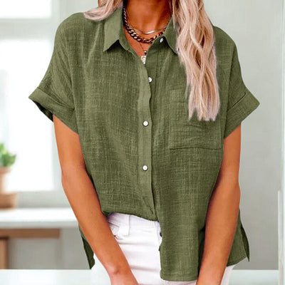 Camisa de lino con botones y bolsillo de parche para mujer