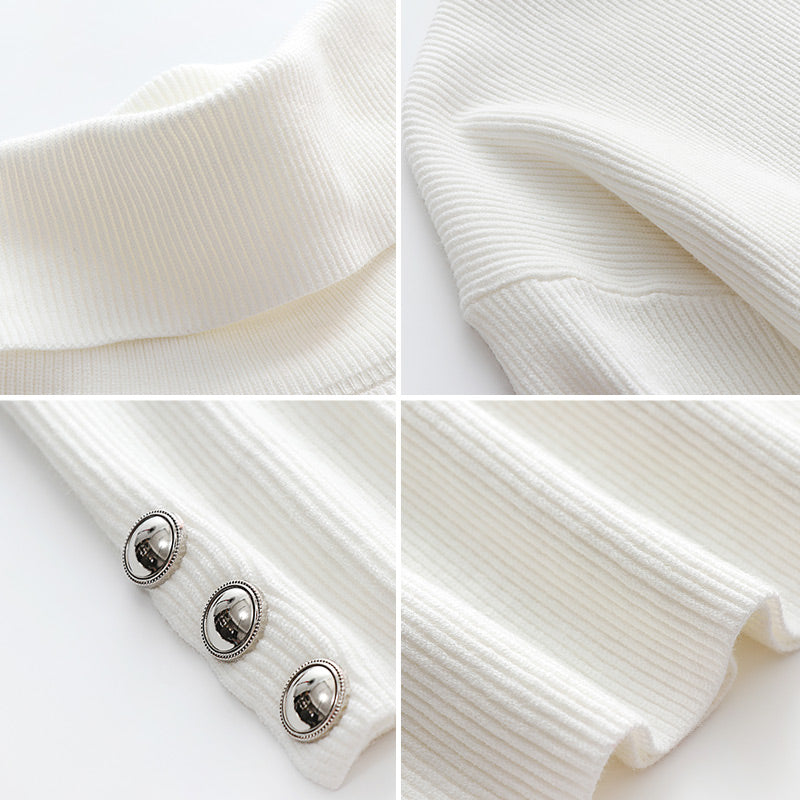 Gros plan d'un pull blanc en maille côtelée avec col roulé, boutons décoratifs argentés. Mode hiver, vêtement chaud, style élégant.