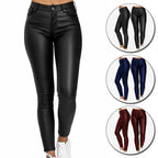 Pantalon skinny en similicuir noir pour femme, taille haute, avec options de couleurs bleu, rouge et noir, idéal pour mode tendance et élégante.