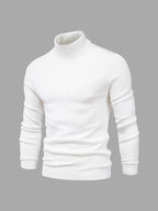 Pull-over col roulé blanc pour homme sur fond gris, manches longues, style élégant et moderne, idéal pour l'hiver et la mode masculine.