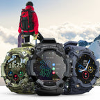 Trois montres sport connectées robustes en plein air, affichant l'heure et des données de fitness, avec un alpiniste en arrière-plan montagneux.