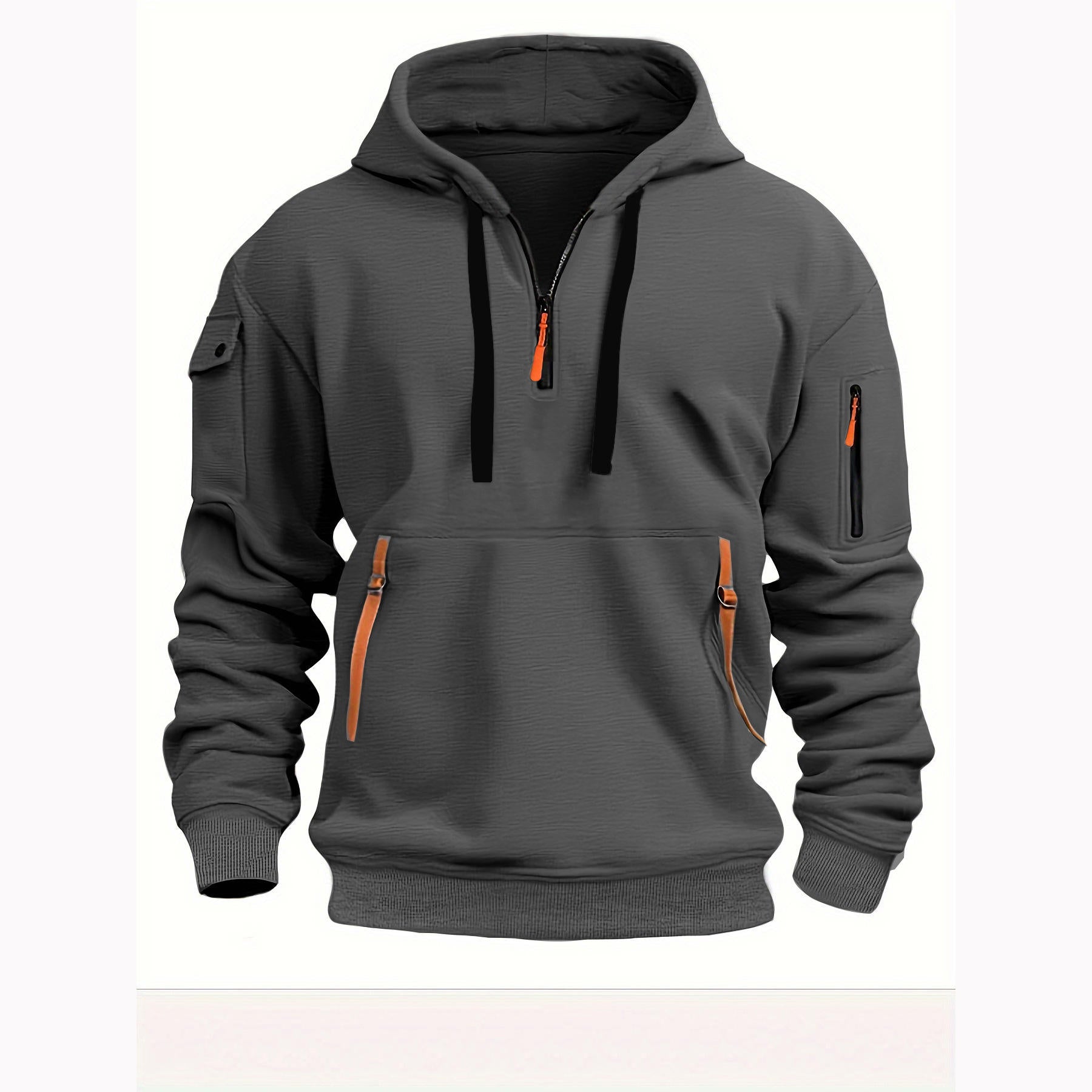 Sweat à capuche gris pour homme avec poches zippées orange, manches longues, fermeture éclair, style décontracté. Mode masculine automne-hiver.