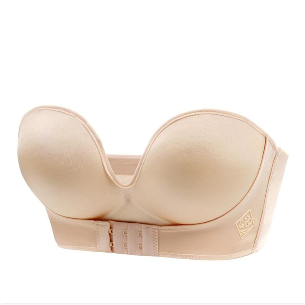 Soutien-gorge beige sans bretelles, design push-up, fermeture avant, idéal pour robes décolletées. Lingerie féminine élégante et confortable.