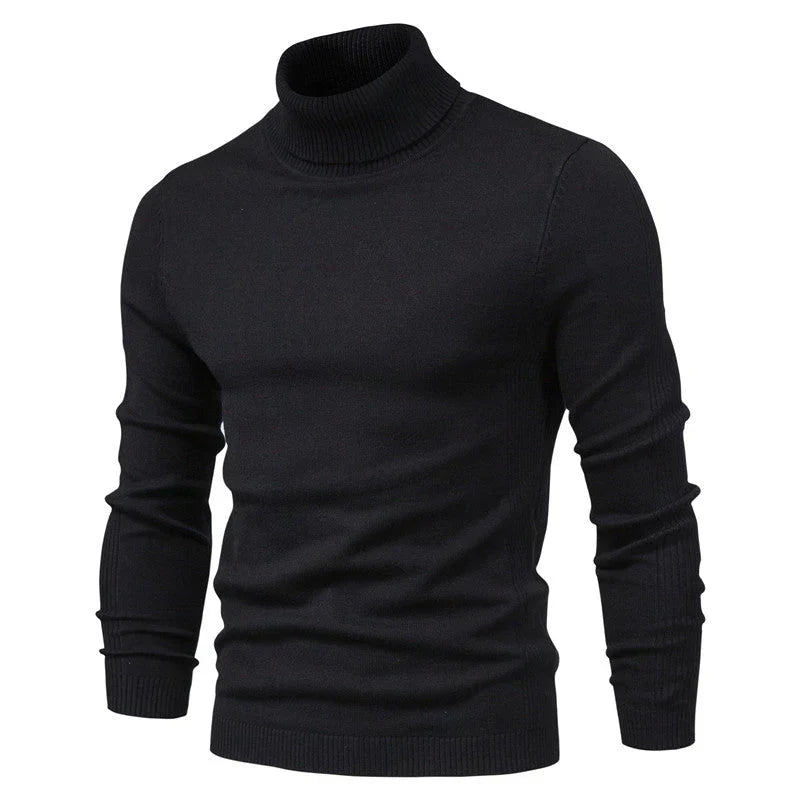 Pull col roulé noir pour homme, manches longues, design élégant et moderne, idéal pour l'hiver et les occasions formelles. Mode masculine chic.