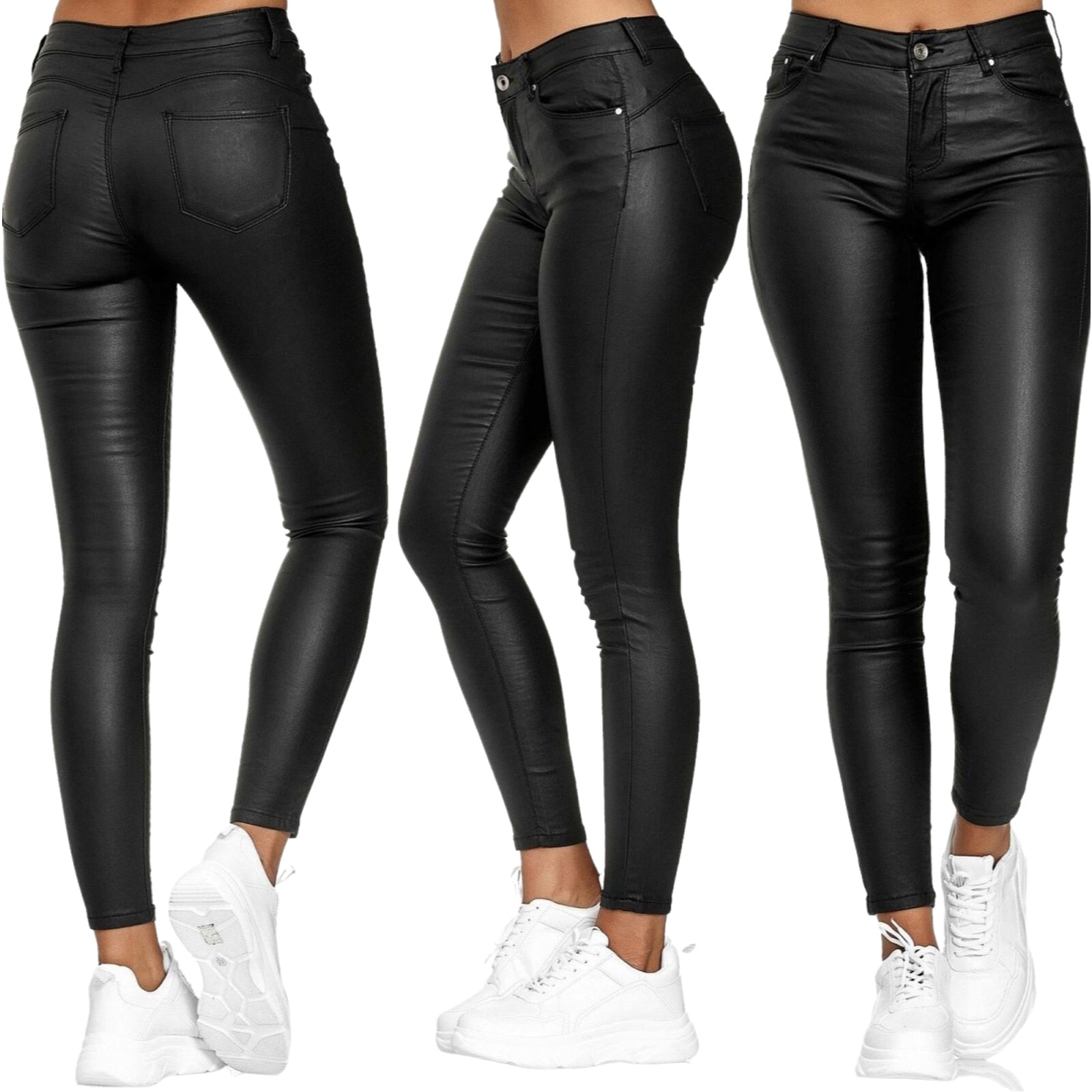 Trois vues de leggings en similicuir noir pour femme, taille haute, ajustés, avec poches arrière, portés avec des baskets blanches.