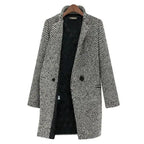 Manteau long en tweed noir et blanc pour femme, élégant et chic, avec col à revers et fermeture à boutons, idéal pour l'hiver et l'automne.
