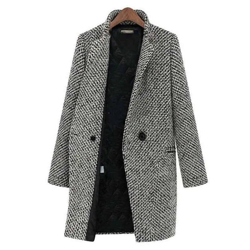 Manteau long en tweed noir et blanc pour femme, élégant et chic, avec col à revers et fermeture à boutons, idéal pour l'hiver et l'automne.