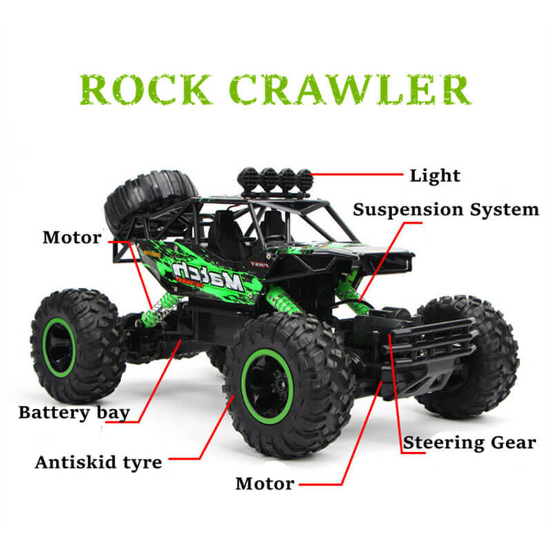 Voiture télécommandée Rock Crawler, pneus antidérapants, système de suspension, moteur puissant, phare LED, design tout-terrain robuste.