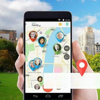 Smartphone affichant une application de localisation GPS avec des icônes de profil sur une carte de Londres, en plein air avec des bâtiments en arrière-plan.