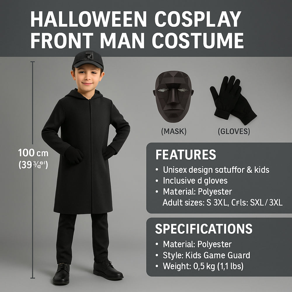Enfant portant un costume de cosplay noir "Front Man" pour Halloween, avec masque et gants inclus. Taille 100 cm, matériau polyester.