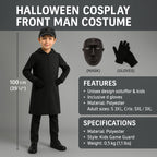Enfant portant un costume de cosplay noir "Front Man" pour Halloween, avec masque et gants inclus. Taille 100 cm, matériau polyester.