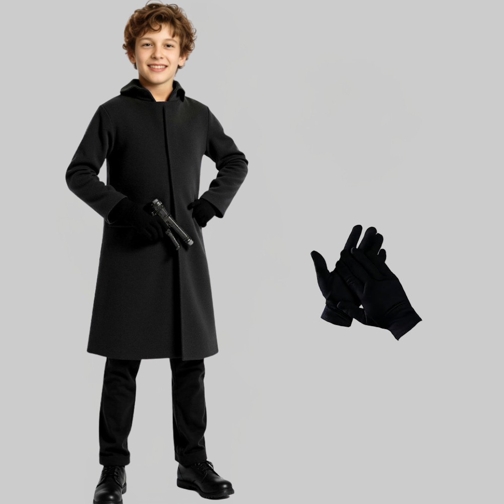 Un enfant en manteau noir tenant un pistolet jouet, avec des gants noirs à côté. Mode enfant, accessoires hiver, jouet. Fond gris.