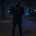 Homme masqué en manteau noir dans une rue sombre, ambiance mystérieuse, nuit, arbres en arrière-plan, lumière tamisée, style énigmatique.