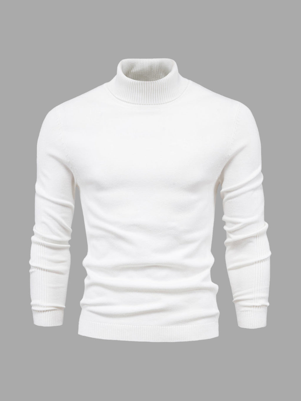 Pull col roulé blanc pour homme, manches longues, en laine douce, style élégant et moderne, idéal pour l'hiver et les tenues décontractées.