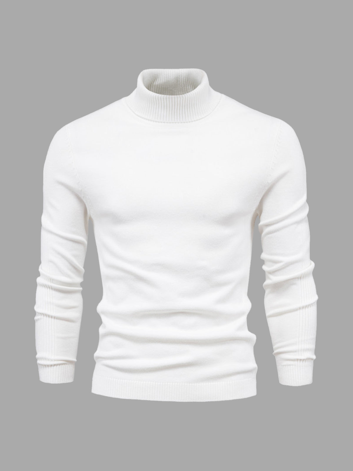 Pull col roulé blanc pour homme, manches longues, en laine douce, style élégant et moderne, idéal pour l'hiver et les tenues décontractées.