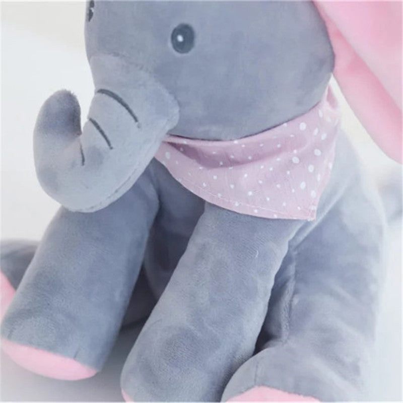 Peluche éléphant gris avec foulard rose à pois, jouet doux pour enfants, décoration chambre bébé, cadeau naissance, oreilles et pattes roses.