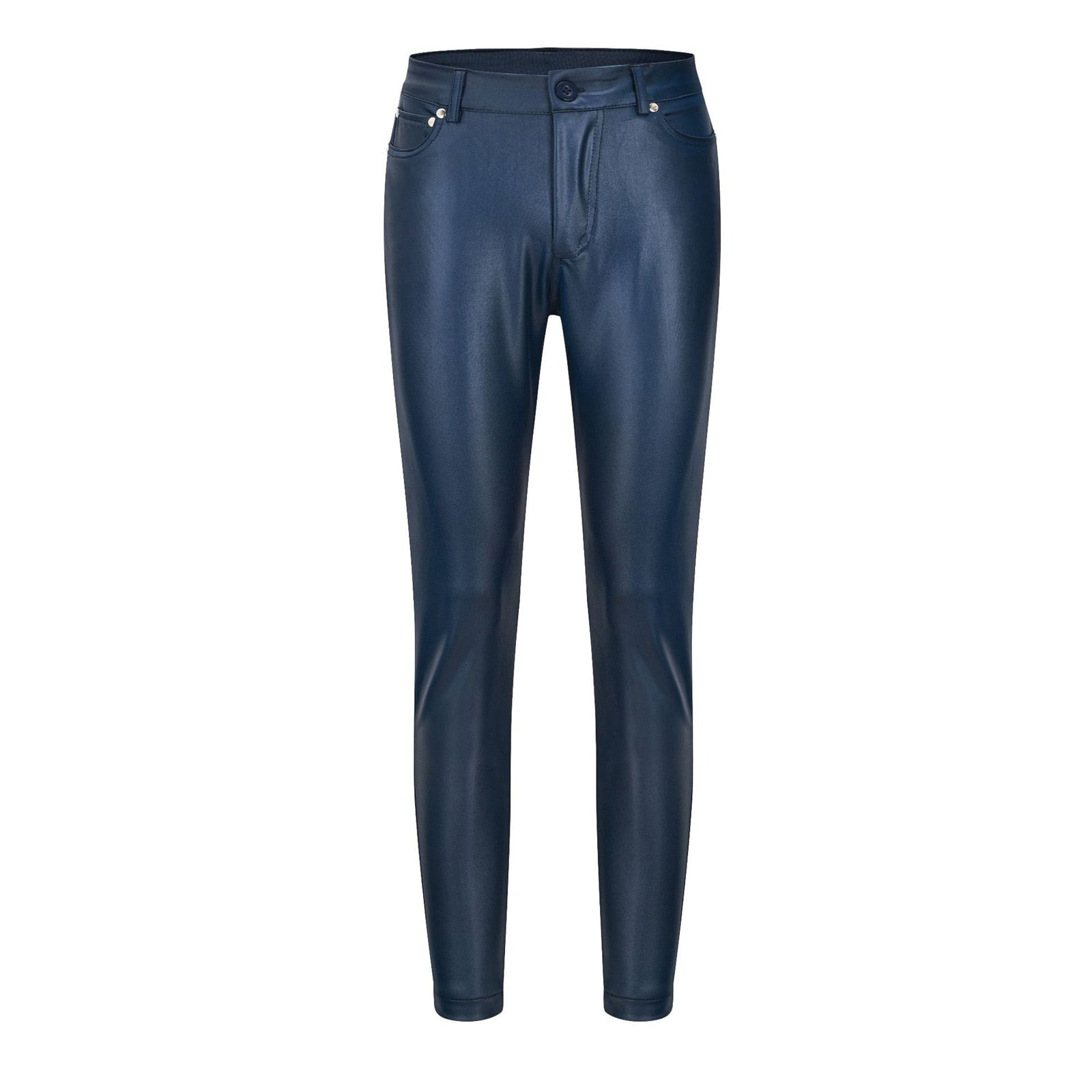 Pantalon en cuir synthétique bleu marine, coupe ajustée, taille haute, avec poches avant et fermeture éclair. Mode femme élégante et moderne.