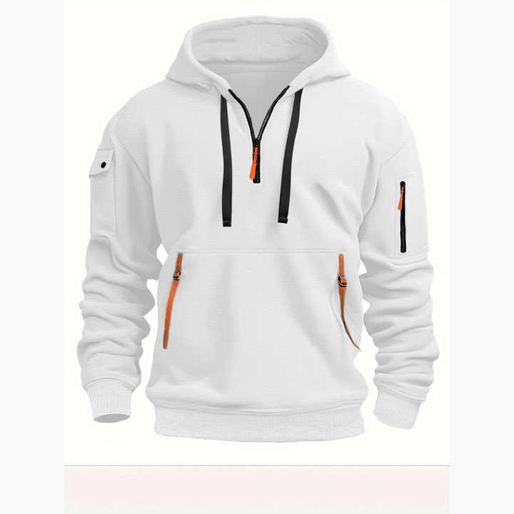 Sweat à capuche blanc avec fermetures éclair orange et noires, poches latérales, manches longues, style décontracté. Mode homme tendance.