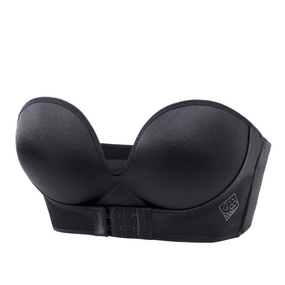 Soutien-gorge noir sans bretelles, design push-up, fermeture avant, idéal pour robes décolletées, lingerie féminine élégante et confortable.