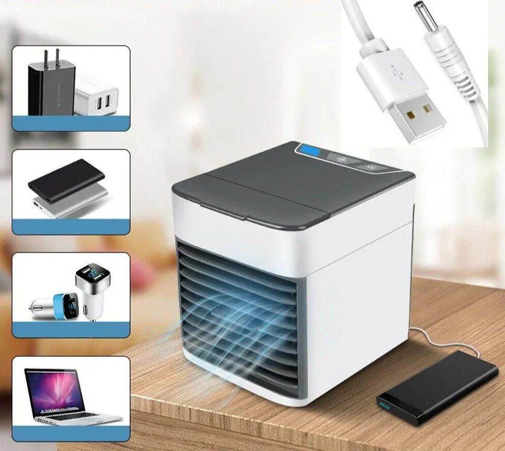 Mini climatiseur portable USB avec ventilateur, affiché avec chargeur, câble USB, et power bank. Idéal pour bureau, maison, voyage. Économie d'énergie.