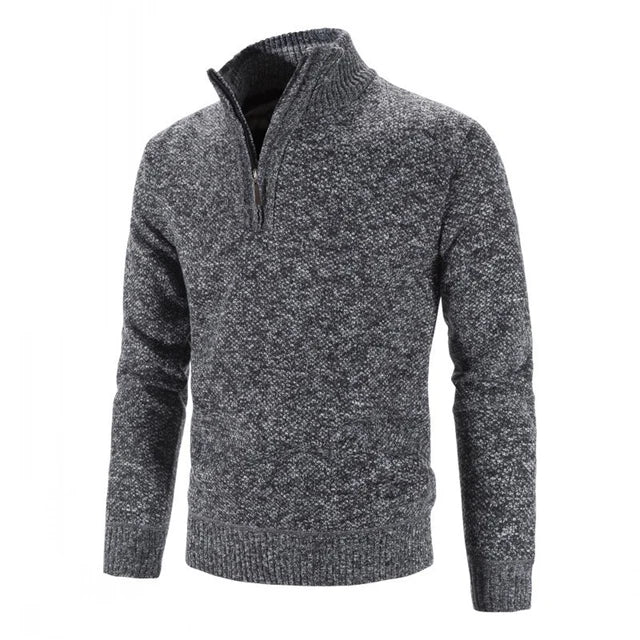 Pull gris chiné à col zippé pour homme, style décontracté, manches longues, idéal pour l'hiver. Mode masculine, vêtement chaud et confortable.