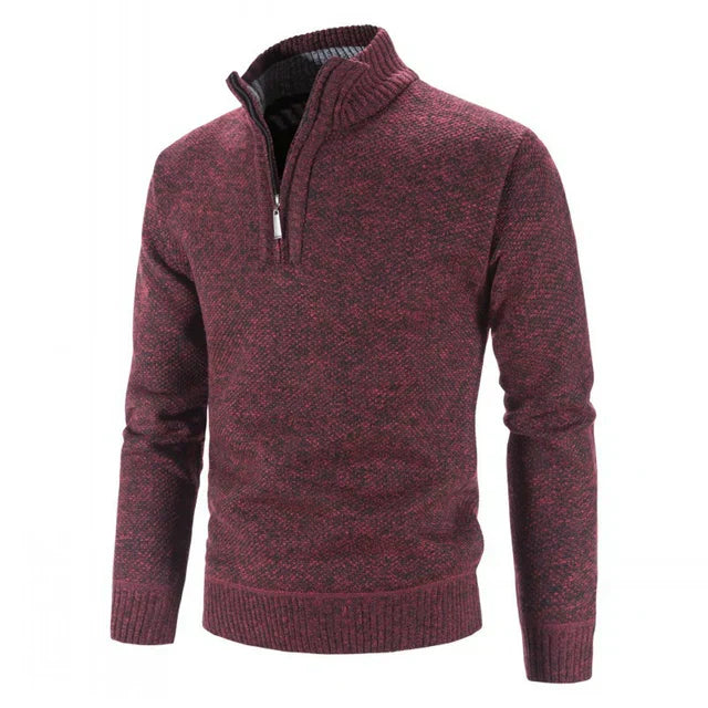 Pull en laine bordeaux pour homme avec col zippé, manches longues et texture chinée. Mode masculine élégante, vêtement d'hiver chaud.