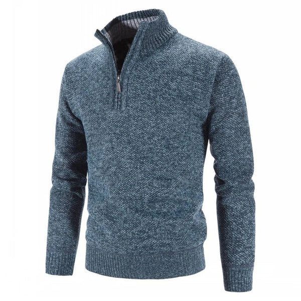 Pull bleu chiné pour homme avec col zippé, manches longues, en laine douce. Mode automne-hiver, style décontracté et élégant.