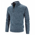 Pull bleu chiné à col zippé pour homme, manches longues, style décontracté, idéal pour l'hiver. Mode masculine, vêtement chaud et confortable.