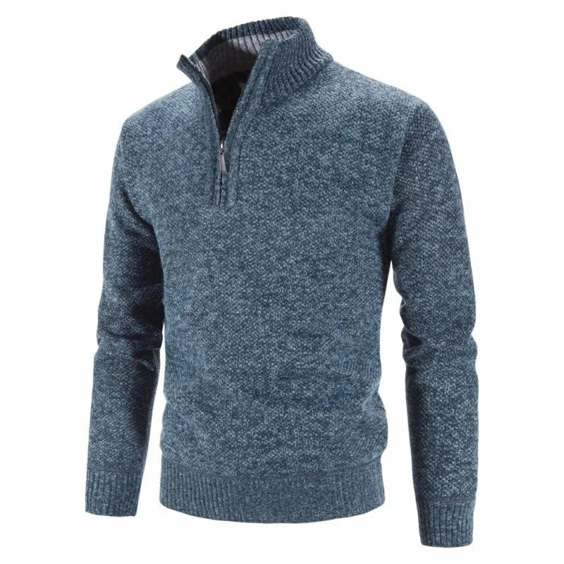 Pull bleu chiné à col zippé pour homme, manches longues, style décontracté, idéal pour l'hiver. Mode masculine, vêtement chaud et confortable.