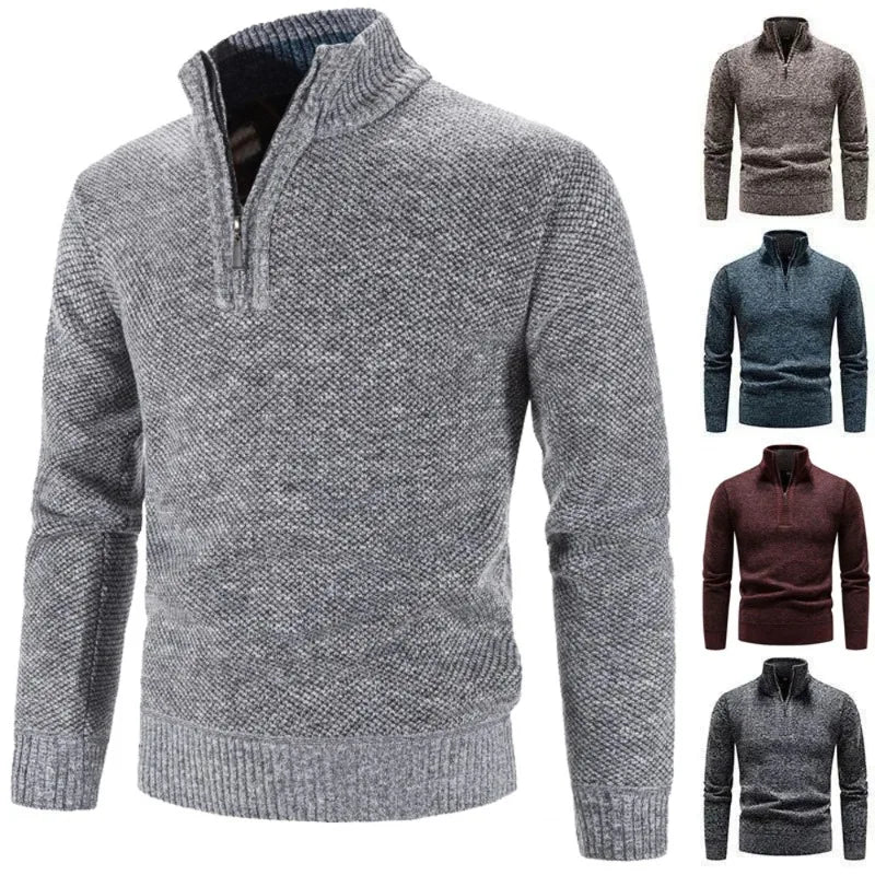 Pull-over en laine pour homme avec col zippé, disponible en gris, bleu, marron et rouge. Design élégant et chaud, idéal pour l'hiver.