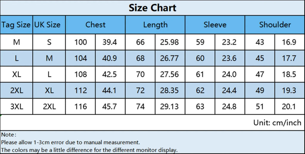 Tableau des tailles de vêtements avec mesures en cm et pouces pour poitrine, longueur, manche et épaule. Inclut tailles M à 3XL.