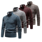 Quatre pulls à col zippé pour homme en laine, couleurs bleu, gris, bordeaux et marron, mode automne-hiver, style décontracté et élégant.