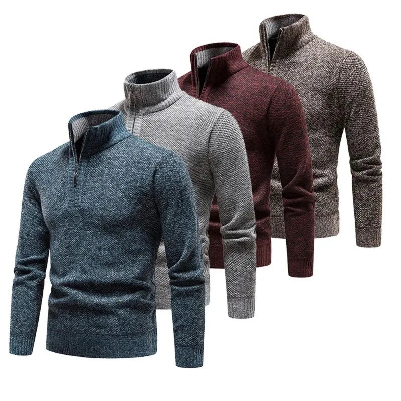 Quatre pulls à col zippé pour homme en laine, couleurs bleu, gris, bordeaux et marron, mode automne-hiver, style décontracté et élégant.