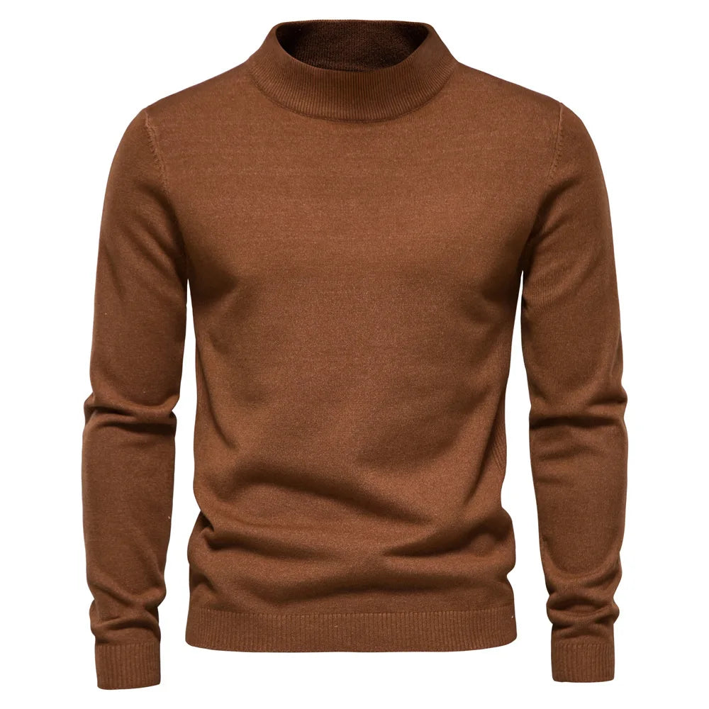Pull col roulé marron pour homme, en laine douce, manches longues, style élégant et confortable, idéal pour l'automne et l'hiver.
