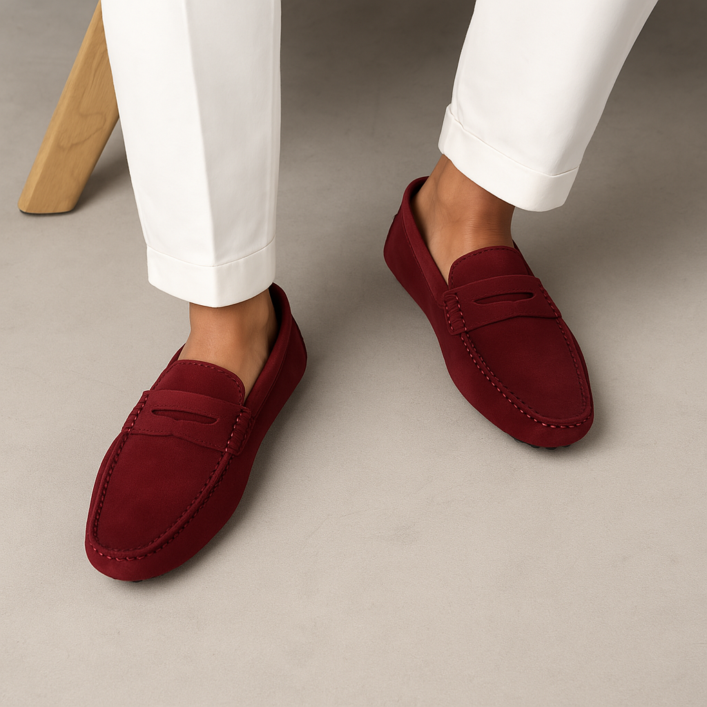 Mocassins rouges en daim portés avec un pantalon blanc, posés sur un sol beige. Chaussures élégantes pour homme, style décontracté et moderne.