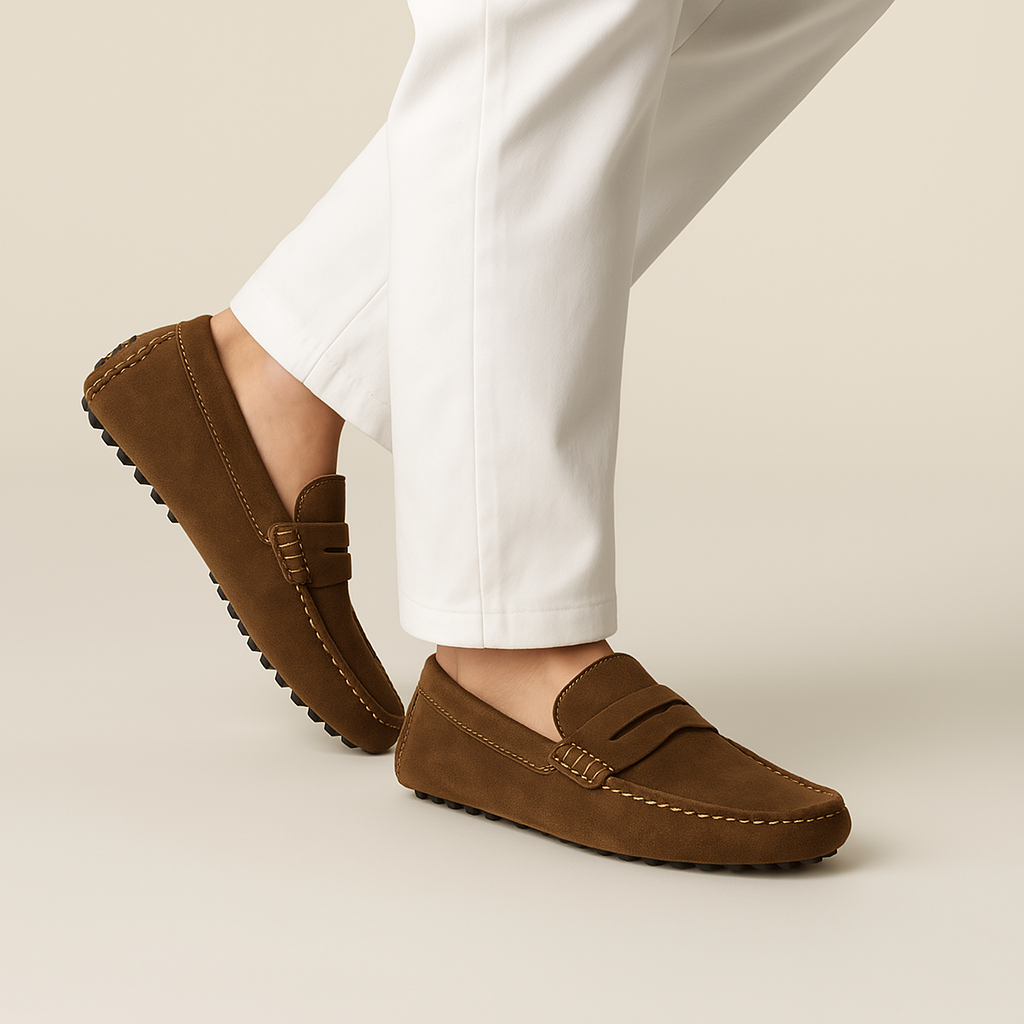 Pantalon blanc et mocassins marron en daim pour homme, semelle à picots. Mode masculine élégante, chaussures confortables, style décontracté chic.