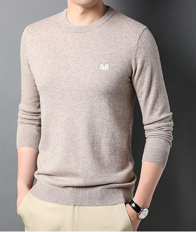 Homme portant un pull beige en laine, manches longues, col rond, avec logo discret, style élégant et décontracté, mode masculine automne-hiver.