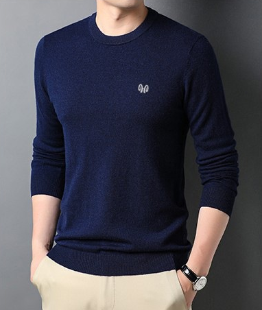 Homme portant un pull bleu marine élégant, manches longues, avec logo discret, sur fond gris. Mode masculine, style décontracté chic.