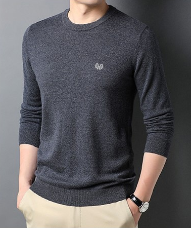Homme portant un pull gris foncé élégant, manches longues, avec logo discret, associé à un pantalon beige. Mode masculine chic et décontractée.