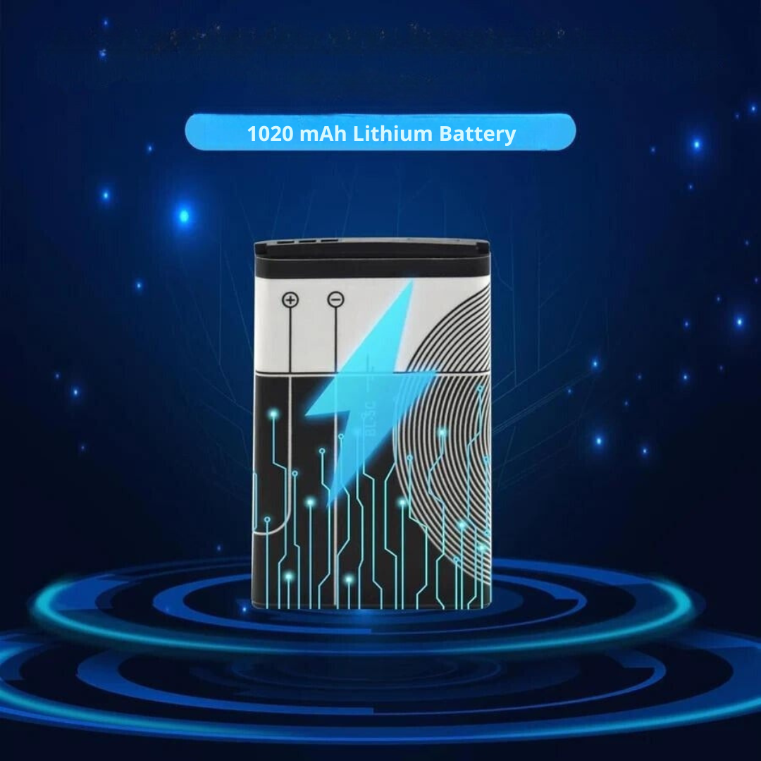 Batterie lithium 1020 mAh sur fond bleu technologique, illustrant un circuit imprimé et un éclair, symbolisant puissance et innovation.