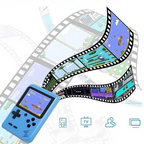 Console de jeu rétro portable bleue avec écran affichant un jeu pixelisé, accompagnée de bandes de film illustrant des scènes de jeux vidéo classiques.