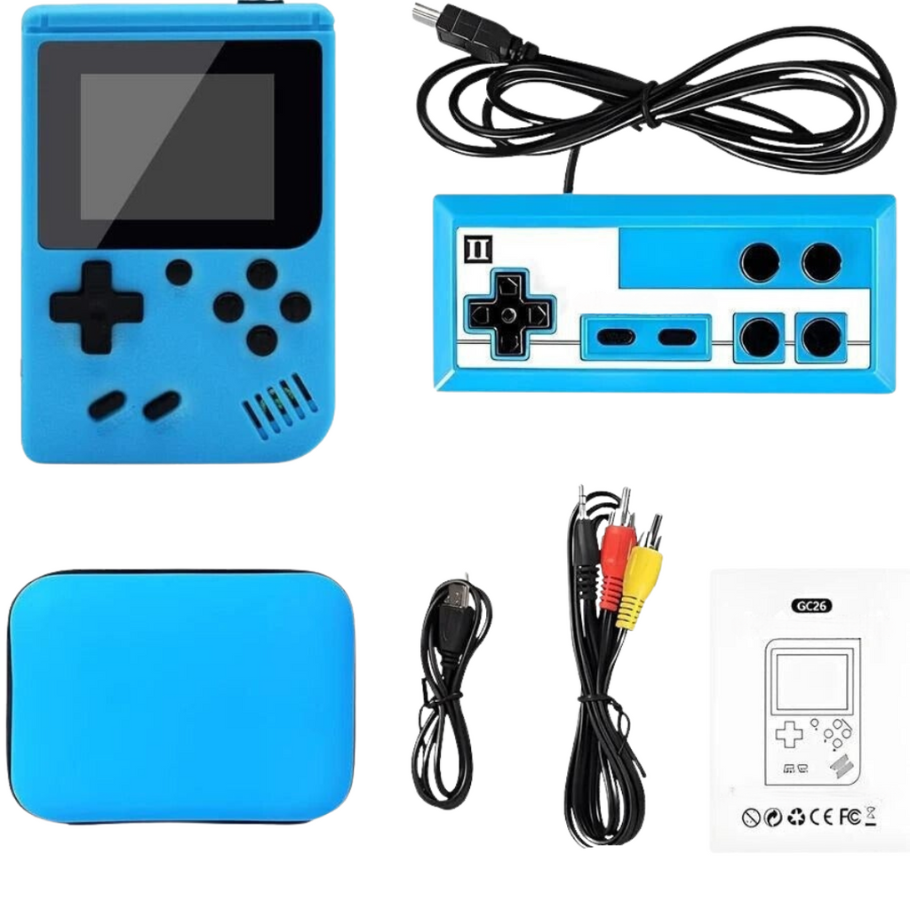 Console de jeu rétro portable bleue avec manette, câbles AV et manuel. Design compact, nostalgie gaming, divertissement classique.