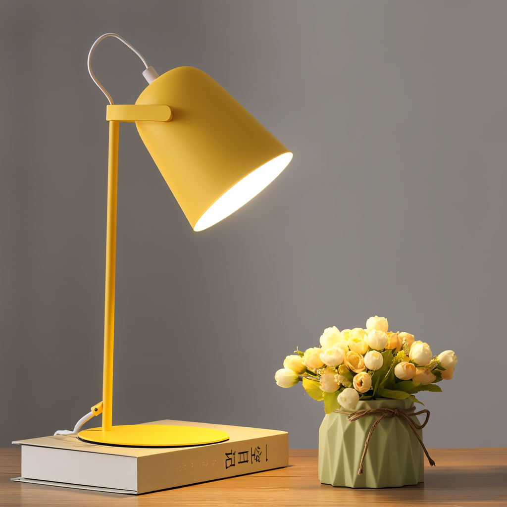 Lampe de bureau jaune moderne éclairant un livre, à côté d'un vase vert avec des tulipes blanches, sur une table en bois. Décoration intérieure élégante.