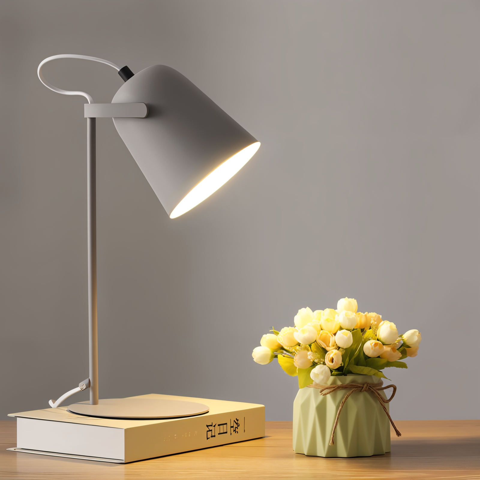 Lampe de bureau moderne grise allumée sur livre, à côté d'un vase vert avec des roses jaunes, sur une table en bois. Éclairage intérieur élégant.