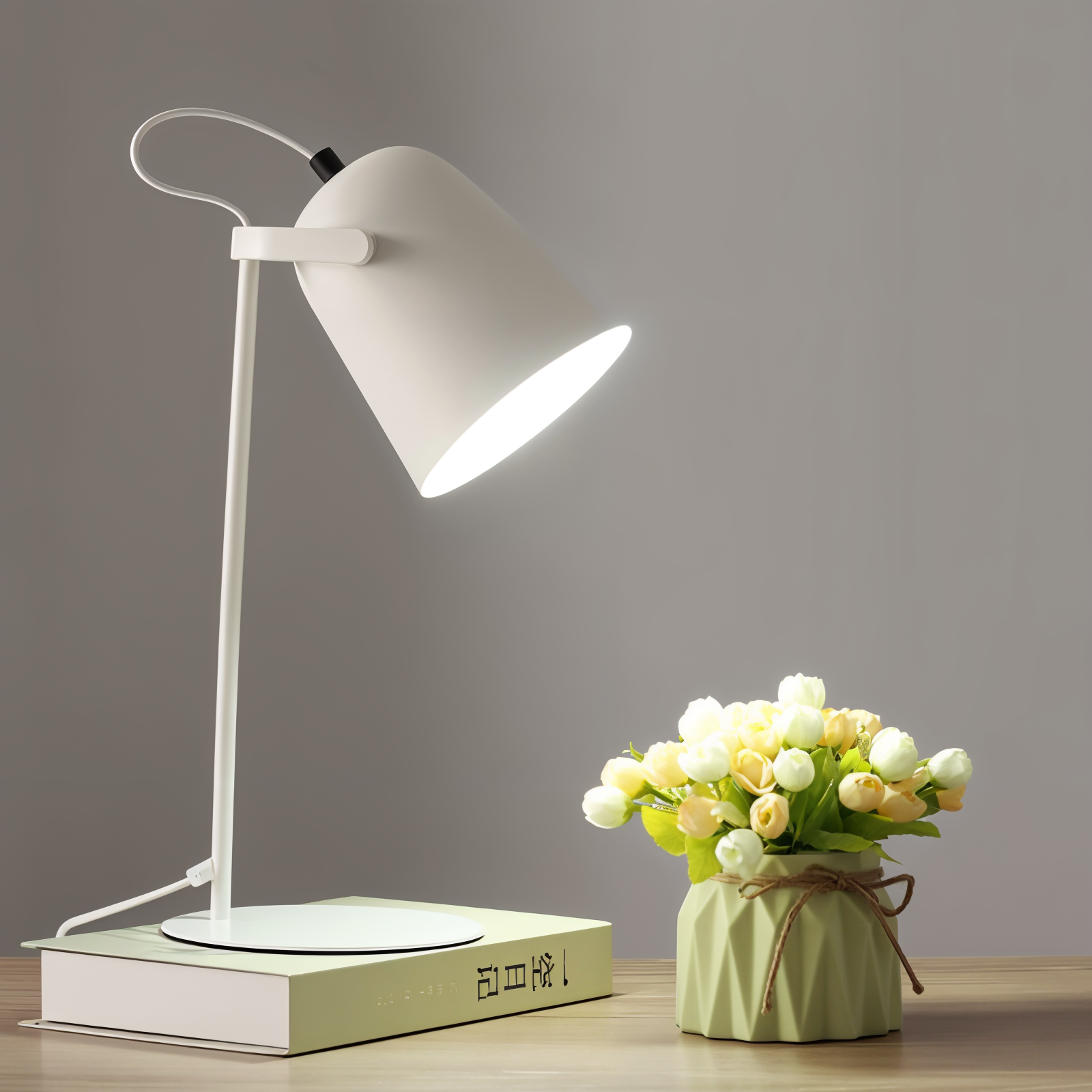 Lampe de bureau blanche moderne allumée sur livre, à côté d'un vase vert avec des fleurs blanches et jaunes, sur une table en bois.