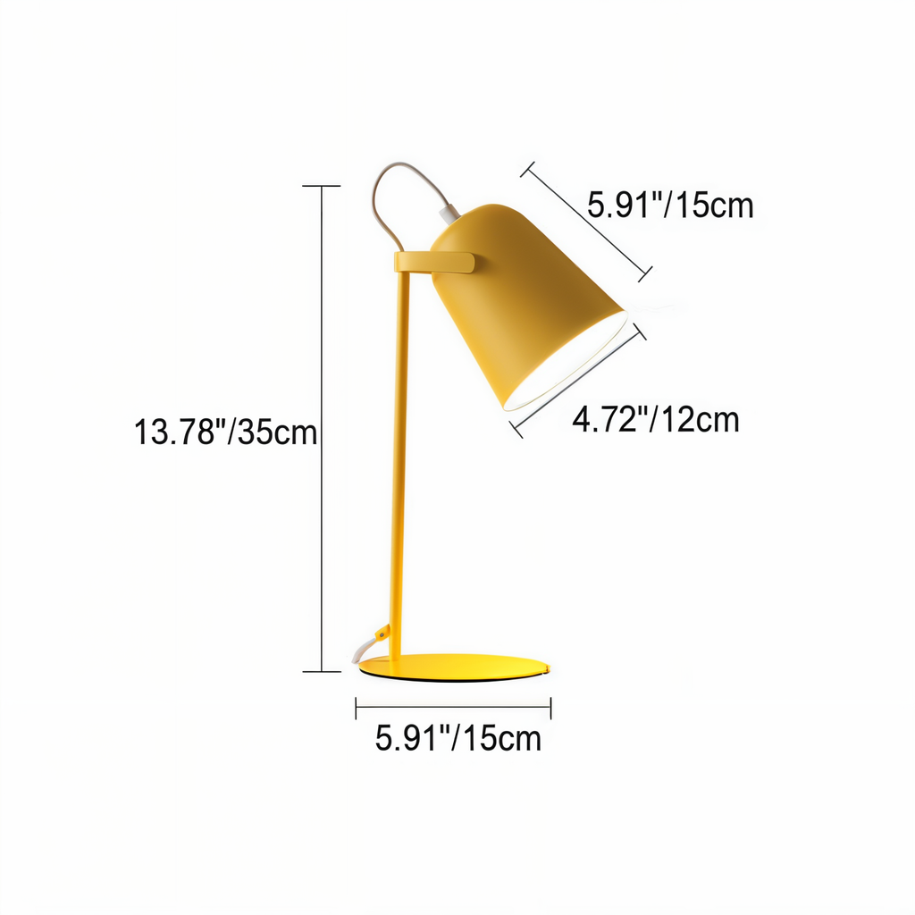 Lampe de bureau jaune moderne avec abat-jour conique, dimensions: hauteur 35cm, largeur 15cm, profondeur 12cm. Éclairage design pour intérieur.