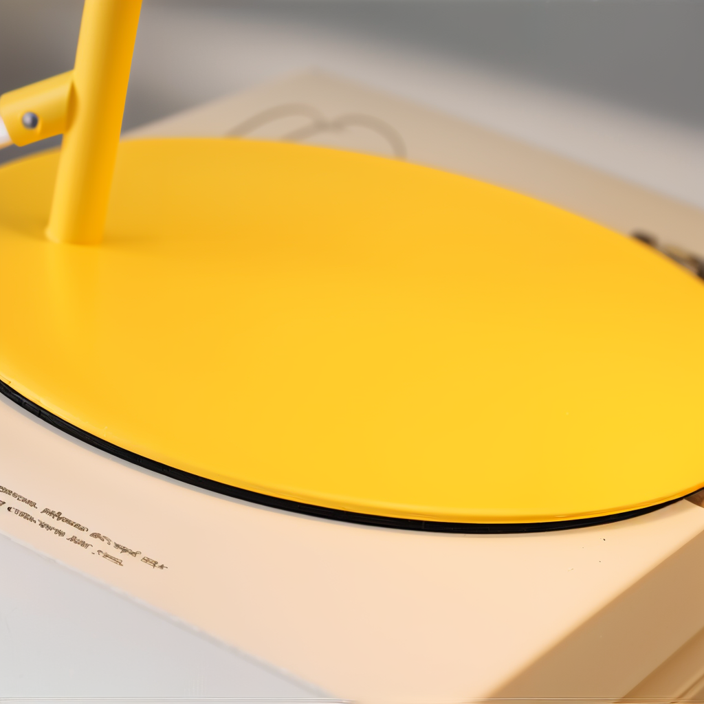 Lampe de bureau moderne jaune vif sur une table blanche, design minimaliste, éclairage intérieur, décoration contemporaine, style épuré.
