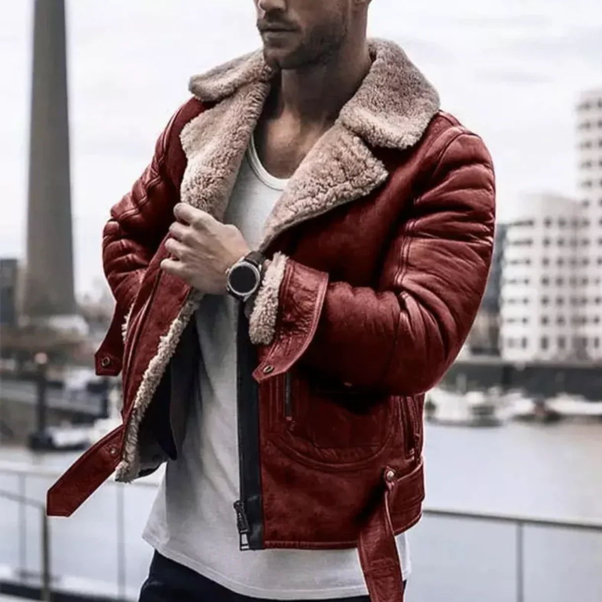 Homme portant un blouson aviateur rouge en cuir avec col en fourrure, debout près d'un fleuve urbain. Mode masculine, veste tendance, style hiver.