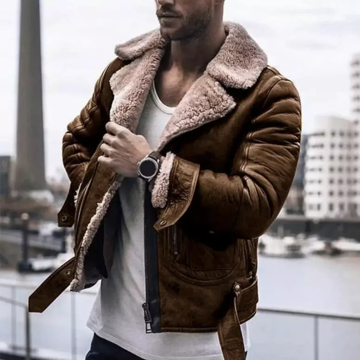 Homme portant une veste en cuir marron avec col en fourrure, debout près d'un port urbain. Mode masculine, style hivernal, tendance vestimentaire.